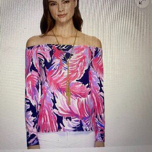 Lilly Pulitzer Audelia True Off True Blue Shoulder Long Sleeve Top Print Size M